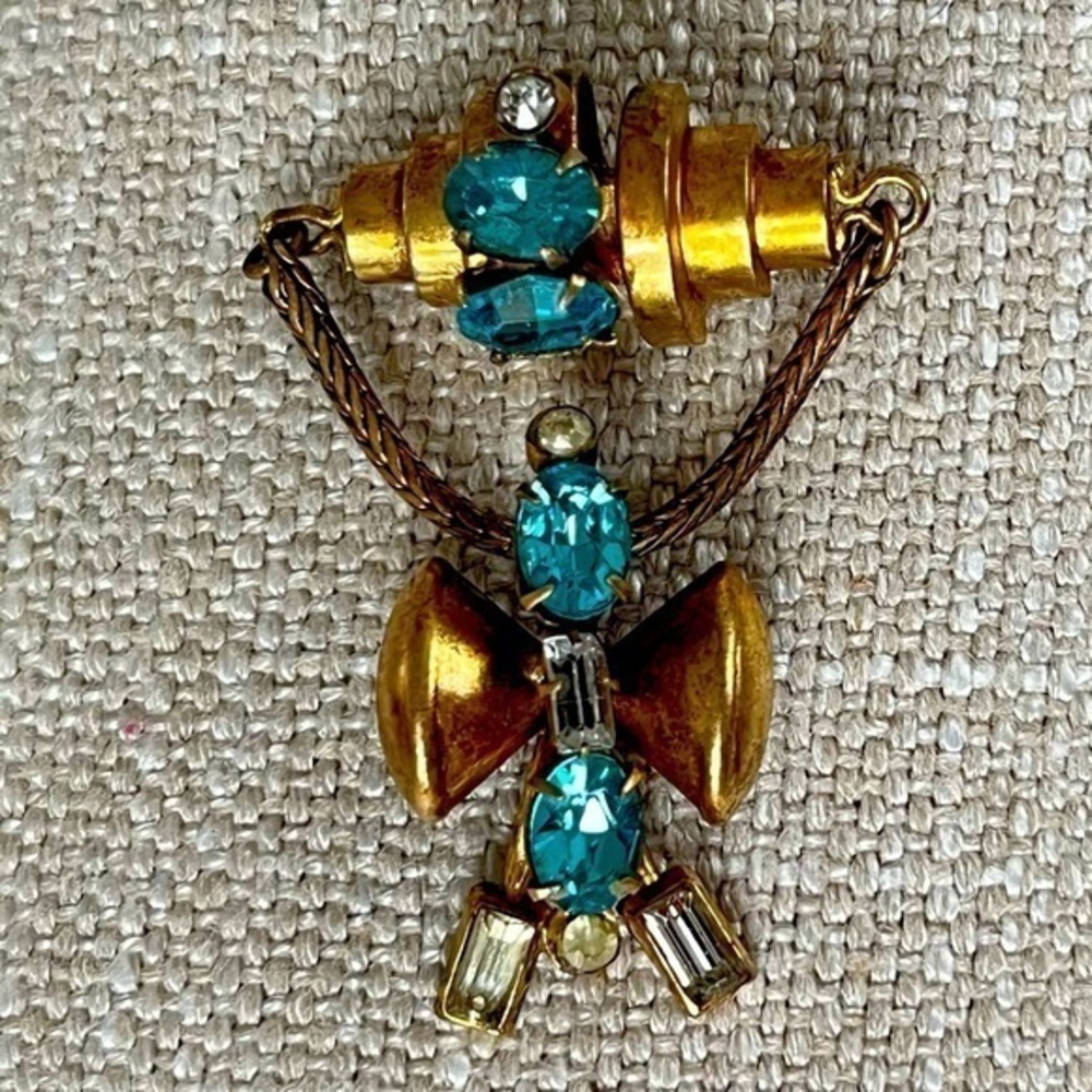 Art Deco Faux Aquamarine & Diamond Goldtone Brooch‎ Pin March Birthstone